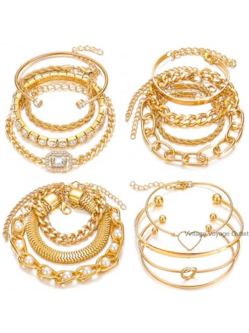 15-Piece Gold Bracelet Set Stackable Bangle Cuff Chain Adjustable